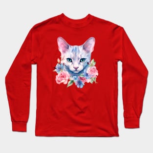 Watercolor romantic cat in flowers Long Sleeve T-Shirt